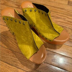 Ina Yellow Mustard and Brown Mules with Studded Detail